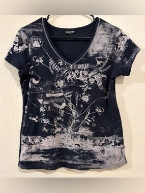 Vanilla Sugar Black Graphic Tee Floral Grunge V Neck Shirt- Size Large